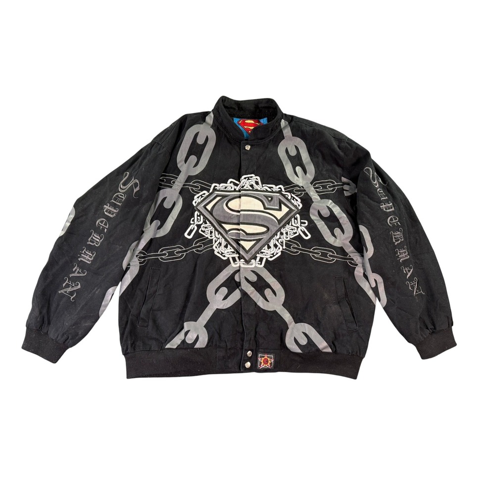 JH Design Superman Jacket Mens 2XL Black Cotton Twill‎ Embroidered Chain Graphic
